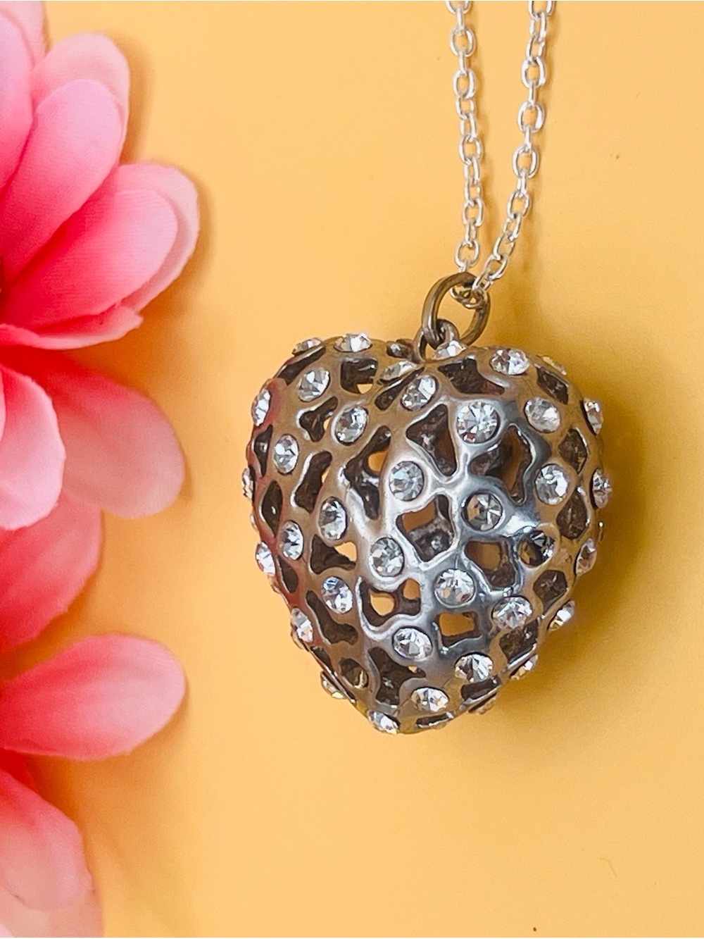 Silver Puffy Heart Pendant Necklace double sided shiny clear stones